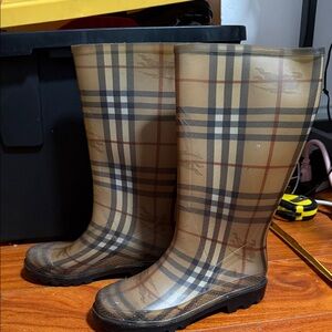 Burberry Tan Plaid Rubber Rain Boots
